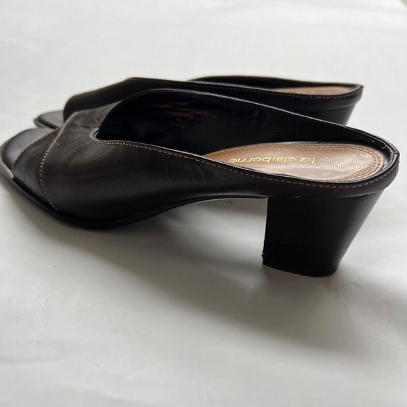 Liz Claiborne Shoes Slip on Mules Size 8 Brown Leather Block Heels Peep Toe - Picture 7 of 9